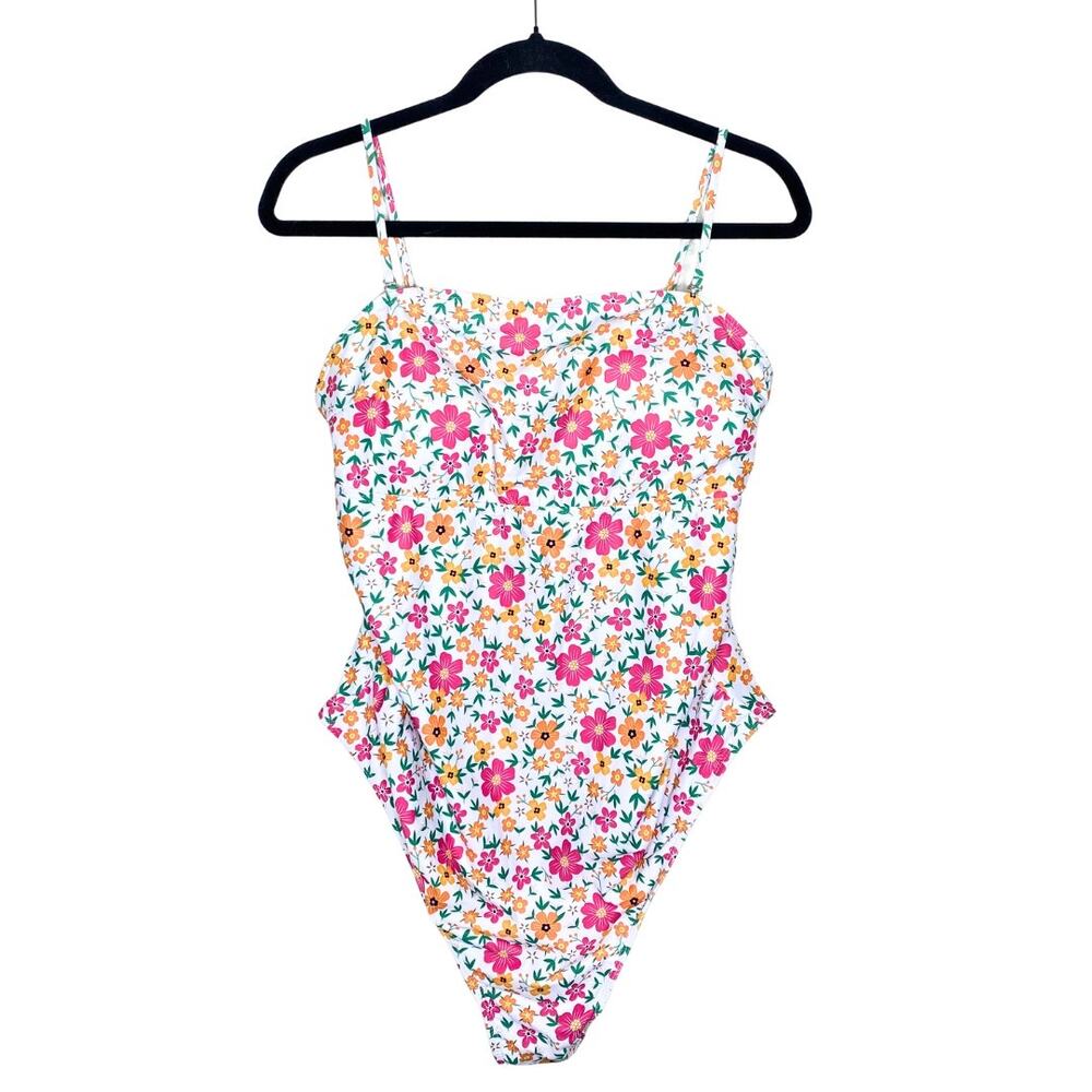 SHEIN Ditsy All Over Floral Print Padded One Piece Swimsuit XL Women's White